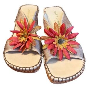 Andre Assous Brown Silk Flower Slide Espadrille Wedge Sandals Size 10